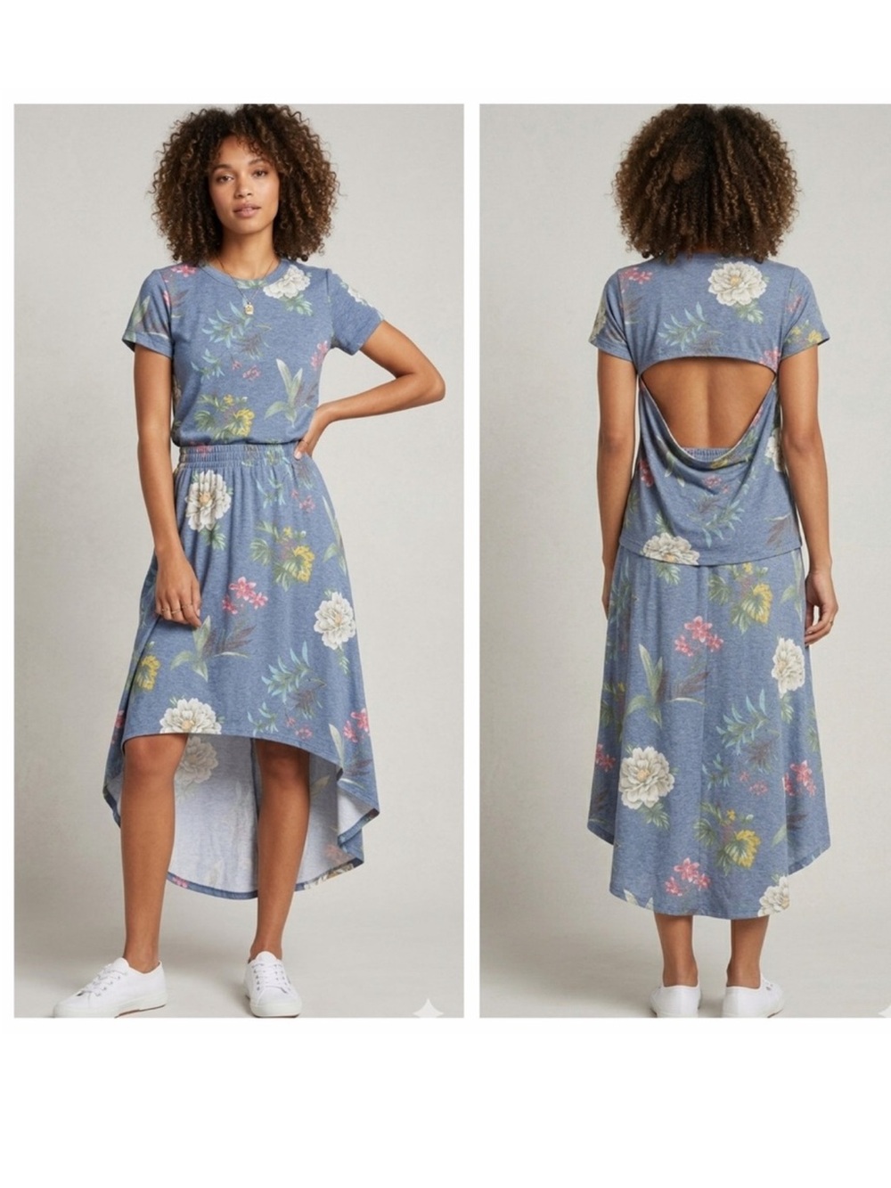 Chaser x Revolve  Blue Floral High-Low skirt and Open-Back shirt set   NWT